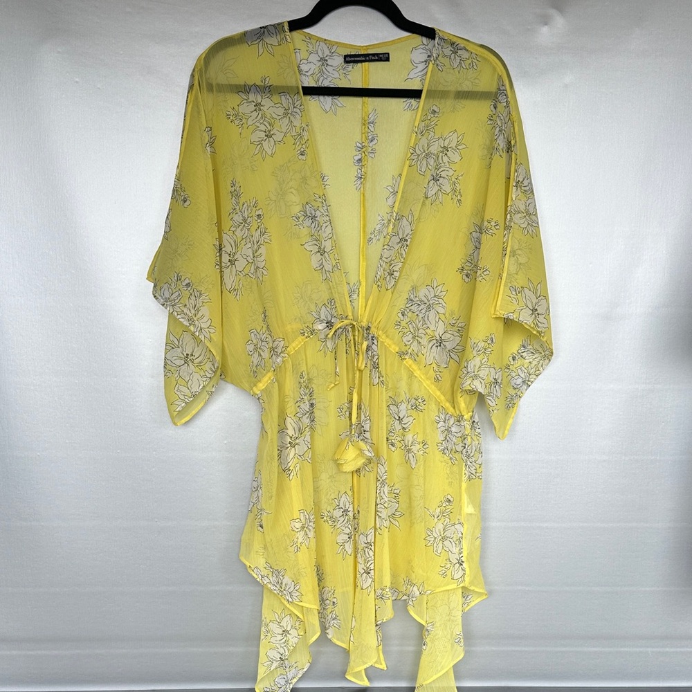 Abercrombie & Fitch yellow floral tie-front kimono sleeve sheer swimwear coverup